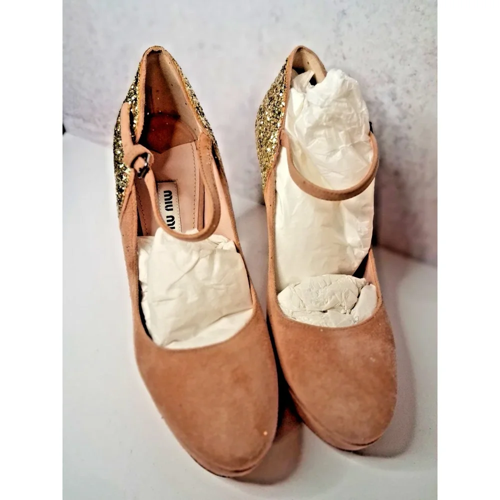 Suede Platform Pumps, Miu Miu,Glitter Heel Accent Womens SZ  7.5 NEW